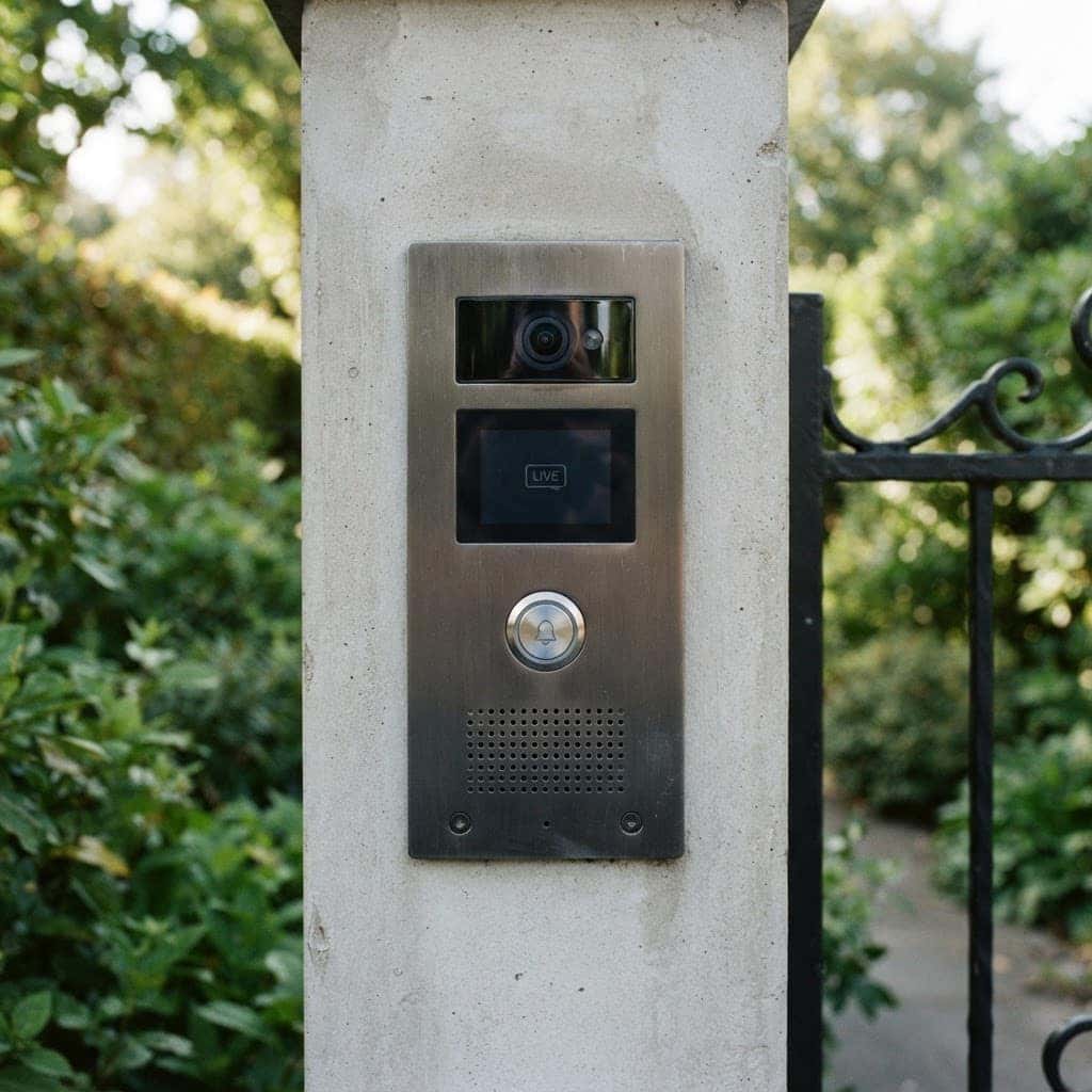 Modern video intercom and doorbell entry panel with a camera and call button at a gate