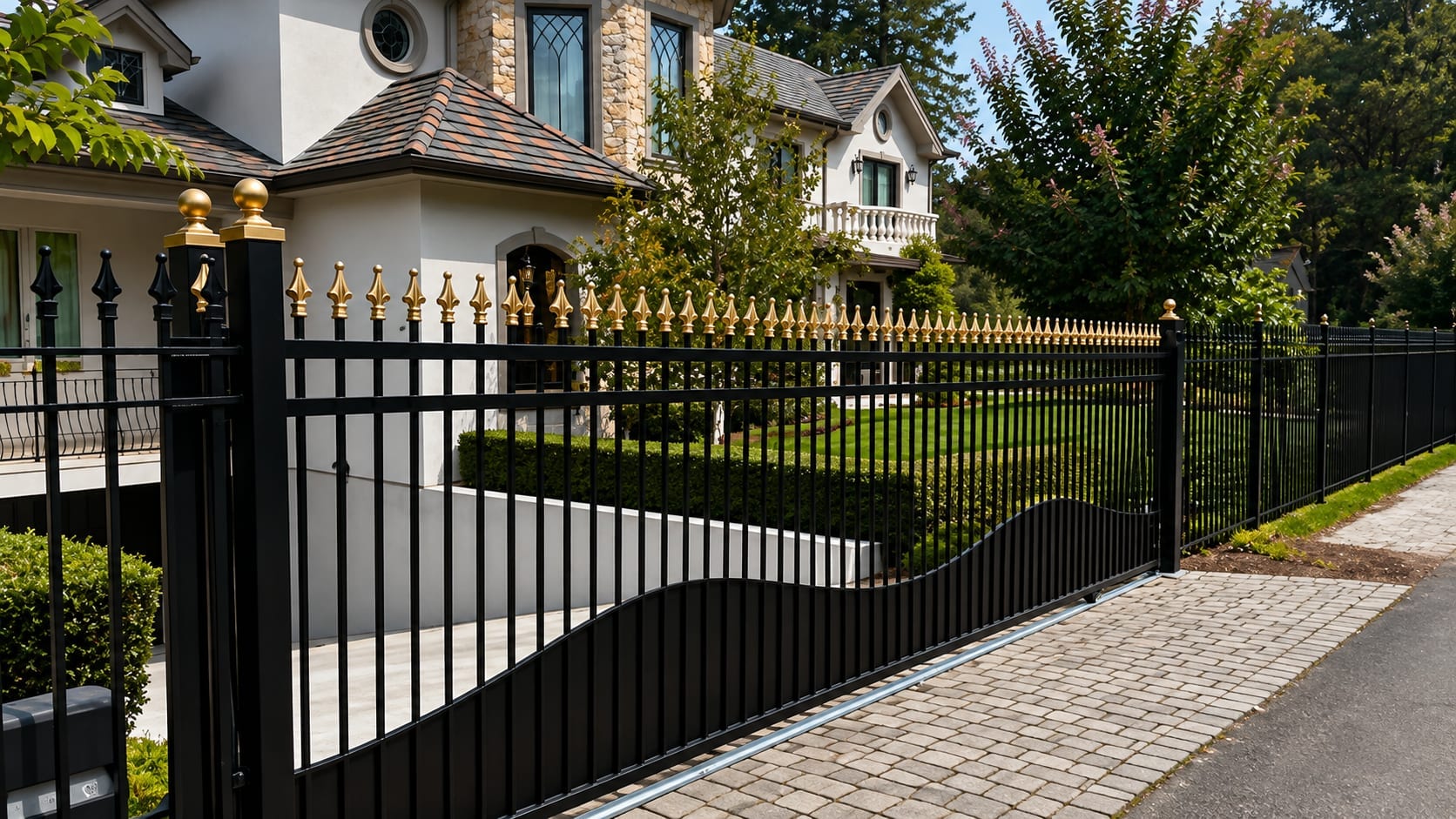 Ornamental iron estate fence with decorative finials
