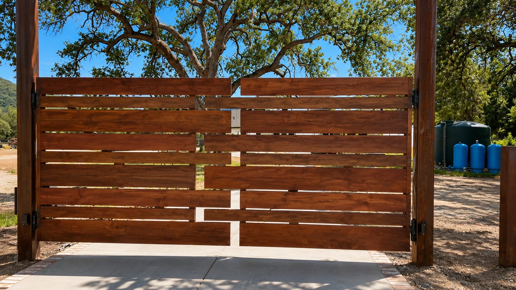 Horizontal wood security fence along a residential property