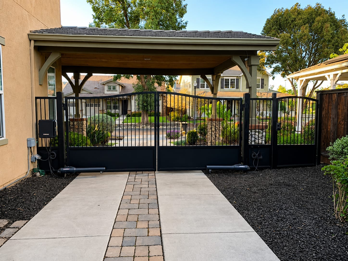 Modern black-slat automatic gate at a carport driveway