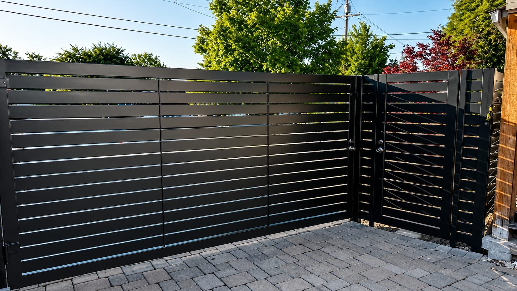 Modern horizontal-slat automatic driveway gate at a Peninsula estate in Silicon Valley