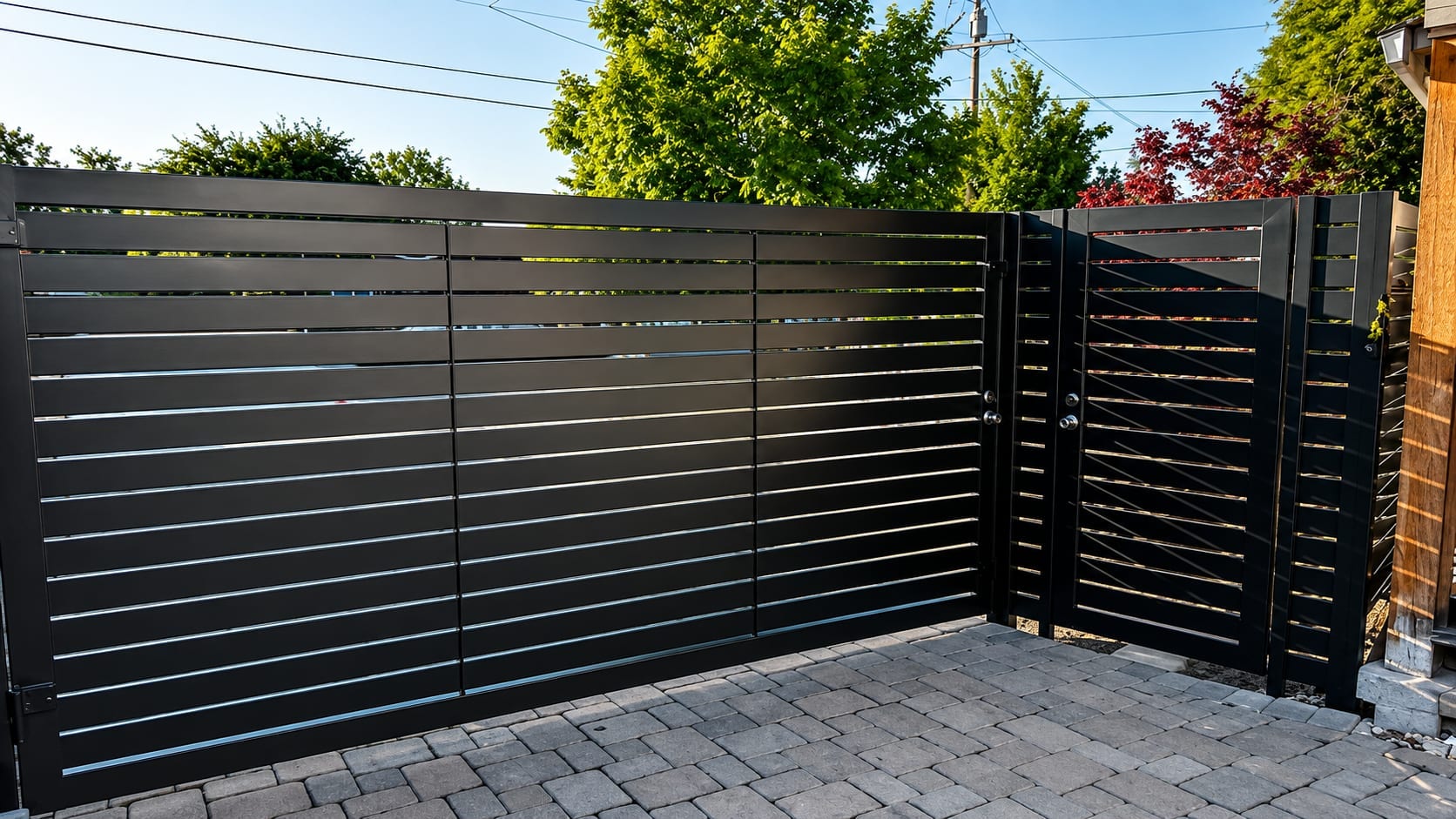 Modern black horizontal-slat automatic sliding gate on a paver driveway