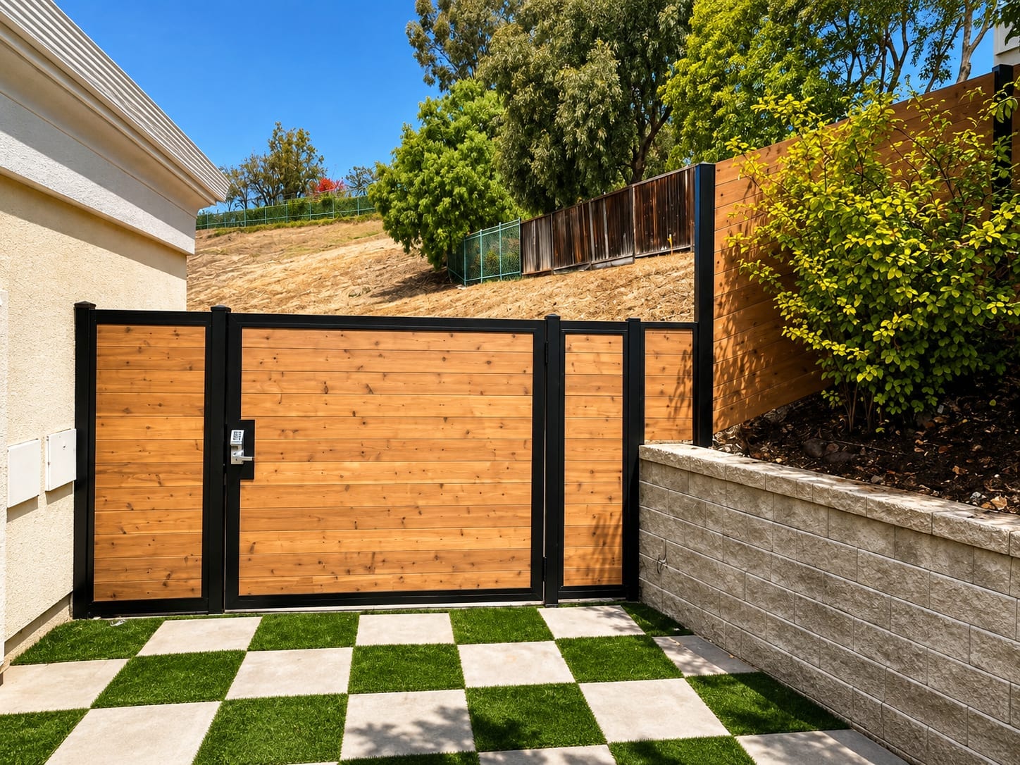 Automatic wood-slat driveway gate on a sloped hillside lot