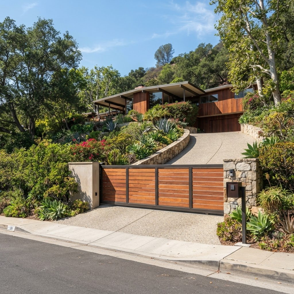 Automatic driveway gate on a sloped hillside lot