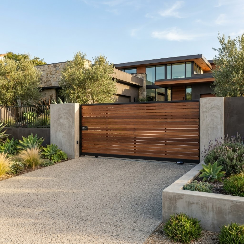 Modern horizontal slat automatic driveway gate