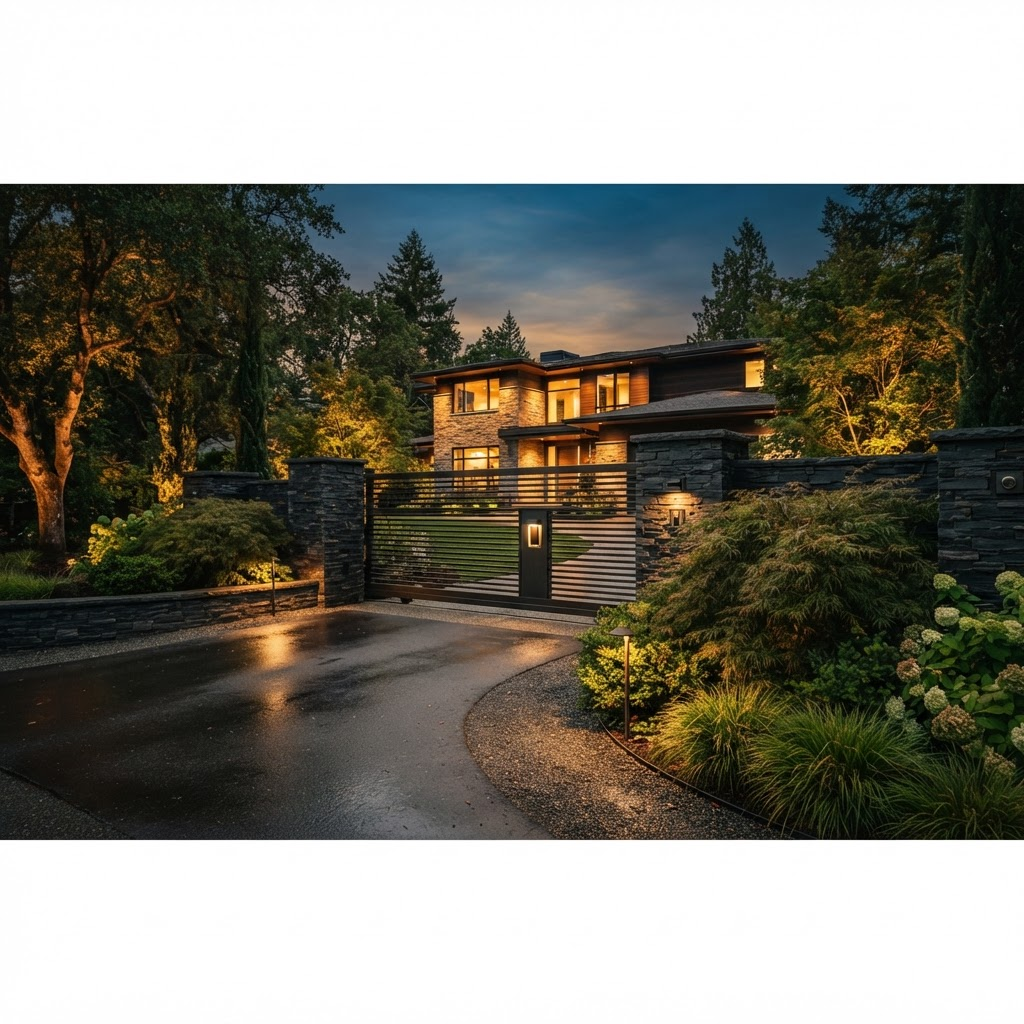 Modern automatic sliding driveway gate at dusk
