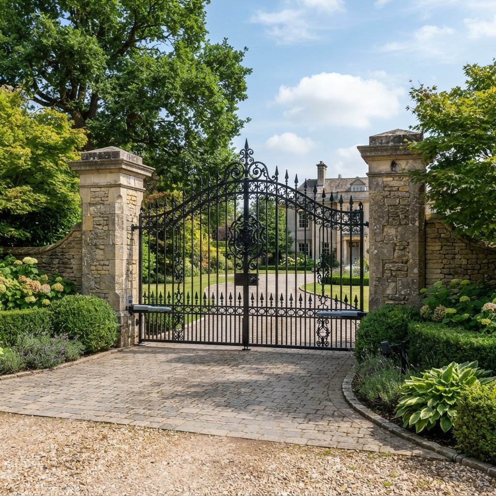Custom wrought iron automatic swing gate at an estate entrance