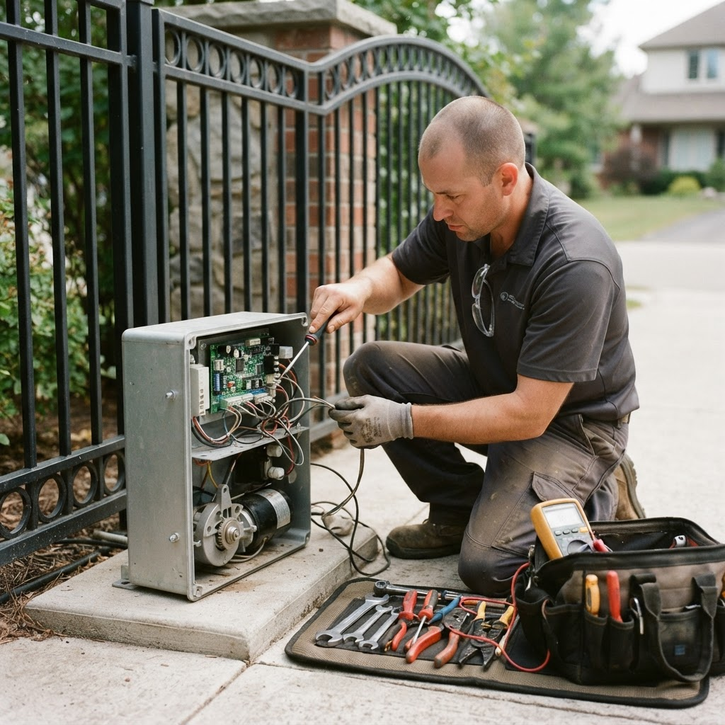 Gate technician repairing an electric gate operator and control board